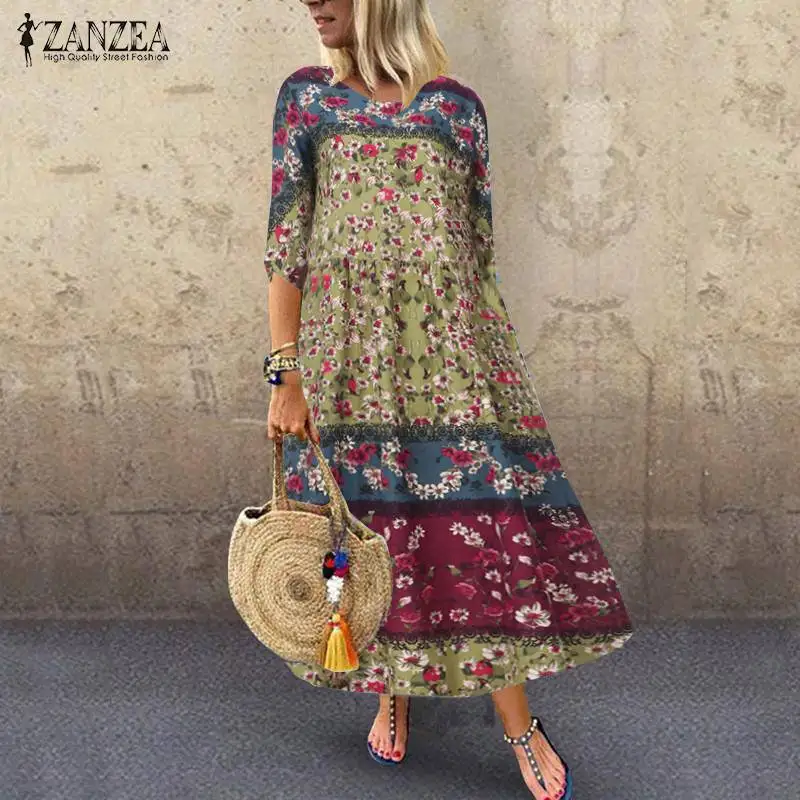 Printed Maxi Dress Women's Patchwork Sundress ZANZEA Kaftan Autumn Casual 3/4 Sleeve Linen Vestidos Female Robe Plus Size 7