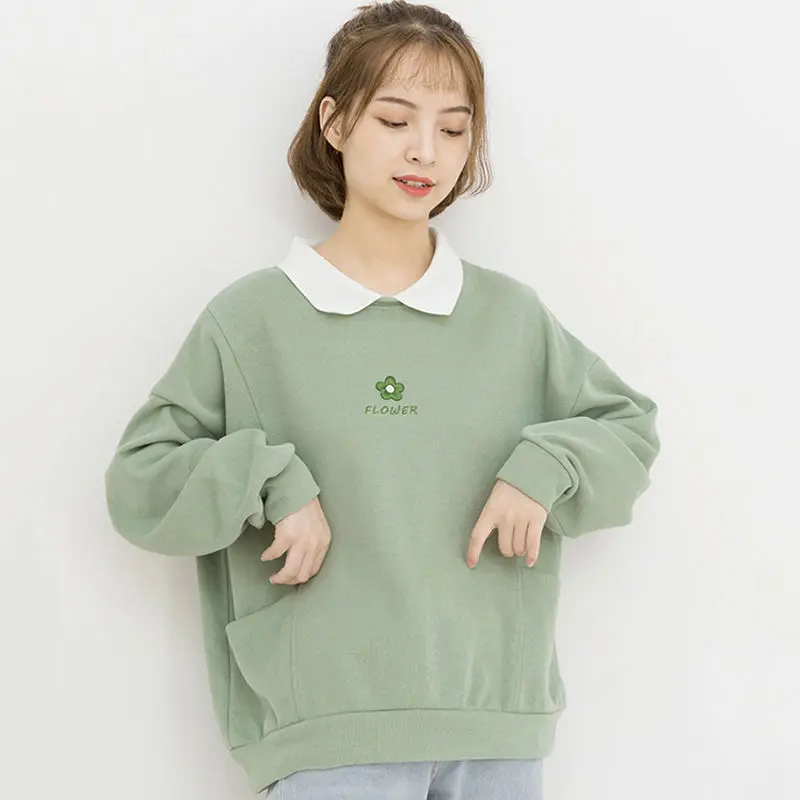 Sweatshirts Women Ins Autumn 2021 Loose Student Korean Long Sleeve Fake Two-piece Top Fashion Sweet Flower Embrodiery Hoodies | Женская