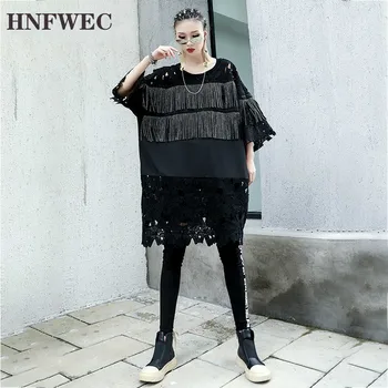

Spring Hollow Out Embroidery Patchwork Tassel Black Dress O Neck Flare Sleeve Loose Irregular Knee-length Dresses Women W353