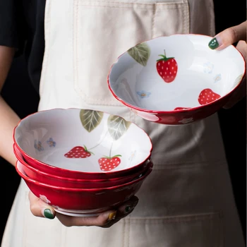 

Cute Strawberry Ceramic Fruit Salad Bowl Breakfast Bowl Creative Household Tableware Round Noodle Soup Dessert Bowl mx9231512