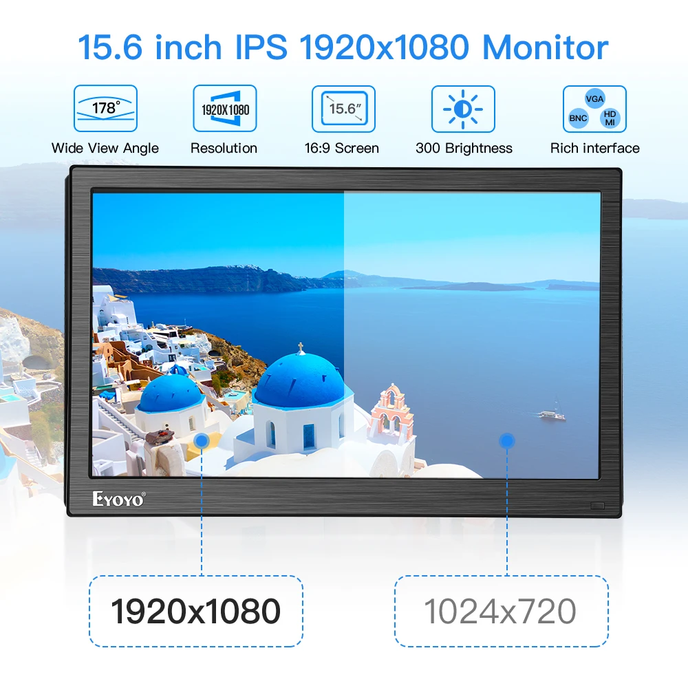 Eyoyo EM15Y 15.6" FHD 1080P IPS monitor BNC HDMI TV Computer Display PC LCD Screen Moniteur with VGA AV For CCTV Security Camera
