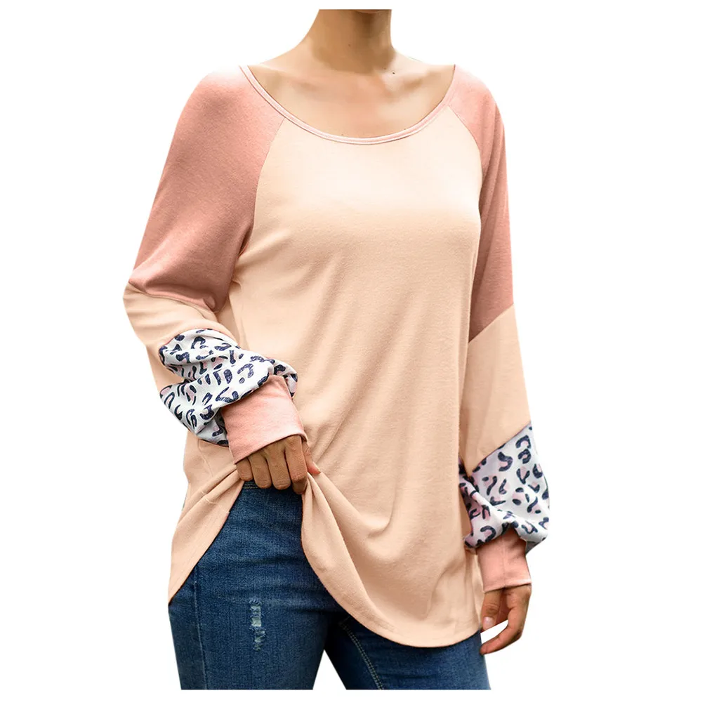 2019 ladies leopard solid color stitching long-sleeved shirt sweater 
