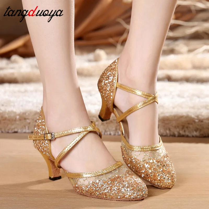 Zapatos de baile de tacón alto dorados para niña, de baile salón para niña, zapatos de baile latino para salsa, sandalias para mujer, zapatos de baile de boda tango -