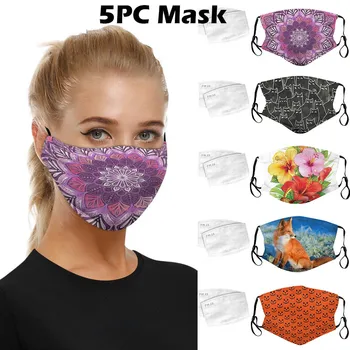 

5PCS Colorful Print Masks Women Outdoor Face adjustable Washable Breathable Reusable Mask With 10PCS comfortable Filters