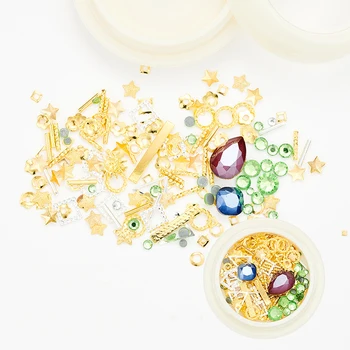 

RIKONKA 1 Box 3D Nail Decorations New Arrival DIY Gold Metal Rivets Assorted Mixed Translucent Glass Nail Rhinestone Nail Art