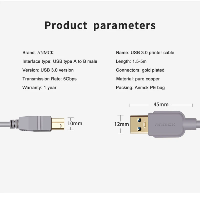 Anmck USB кабель USB для принтера Тип B папа-папа USB 3,0 2,0 кабель для Canon Epson hp ZJiang принтер этикеток ЦАП 1,5 м 3 м 5 м 10 м