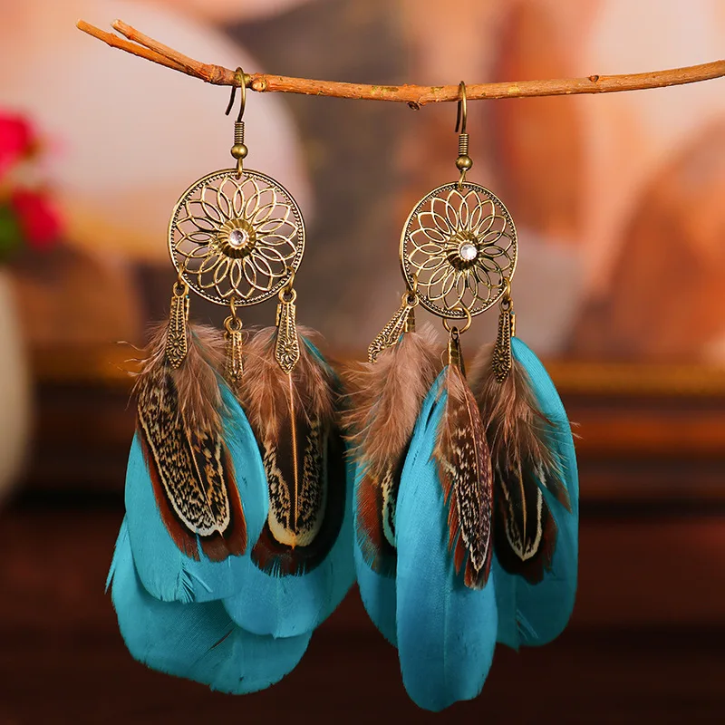 Ethnic Style Feather Hanging Earrings 2021 Trend Bohemian Vintage Hollow Sunflower Tassel Woman Jewelry | Украшения и аксессуары