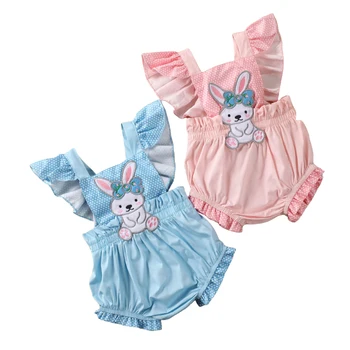 

Toddler Infant Baby Girl Romper Easter Rabbit Summer Square Collar Sleeveless Dot Backless Jumpsuit Blue Pink Clothing Costume