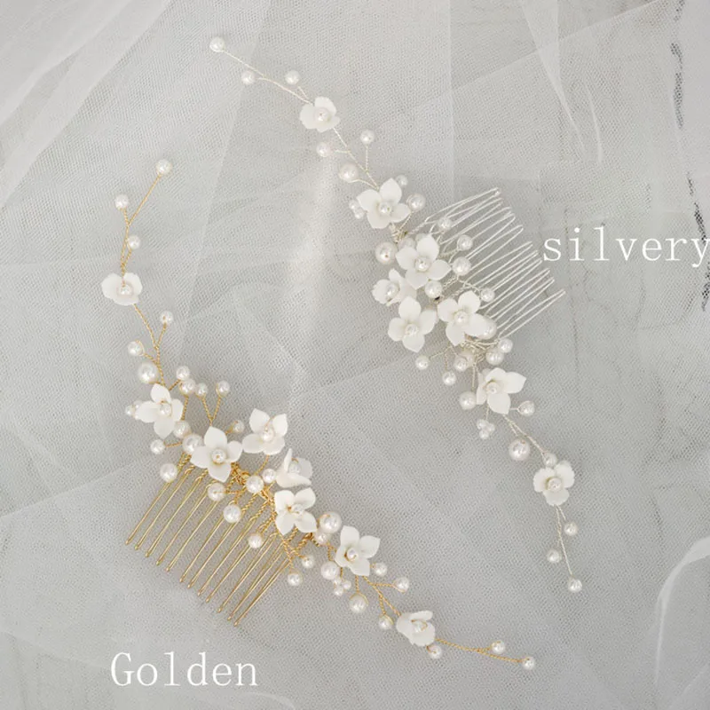 Floralbride Handmade Wired Alloy Pearl Ceram Flower Bridal Hair Comb Wedding Headdress Hair AccessoriesBridesmaids Women Jewelry