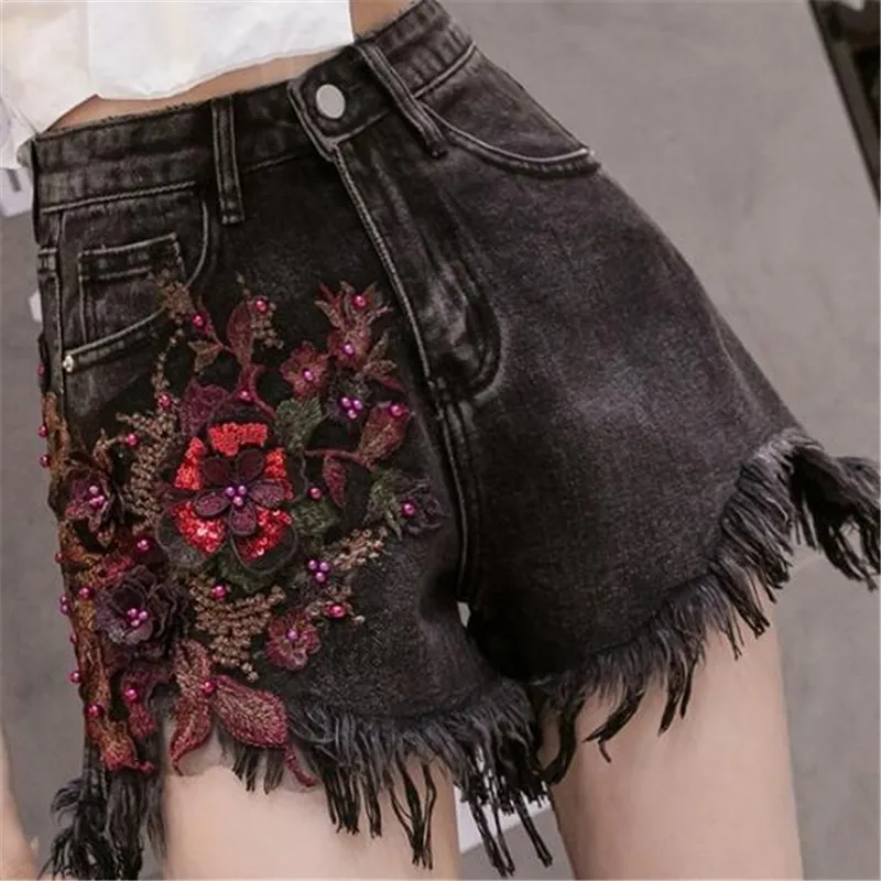 

Promotion 2022 New Summer Black Denim Shorts Female Fashion Elegance Thin Sequins Three-dimensional Flower Casual Women Shorts