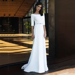 Fivosle Elegant A-line Satin Wedding Dress Robe De Mari&eacute;e Beaded Belt Boat Neckline Half Sleeves Bridal Gowns Vestido De Noche