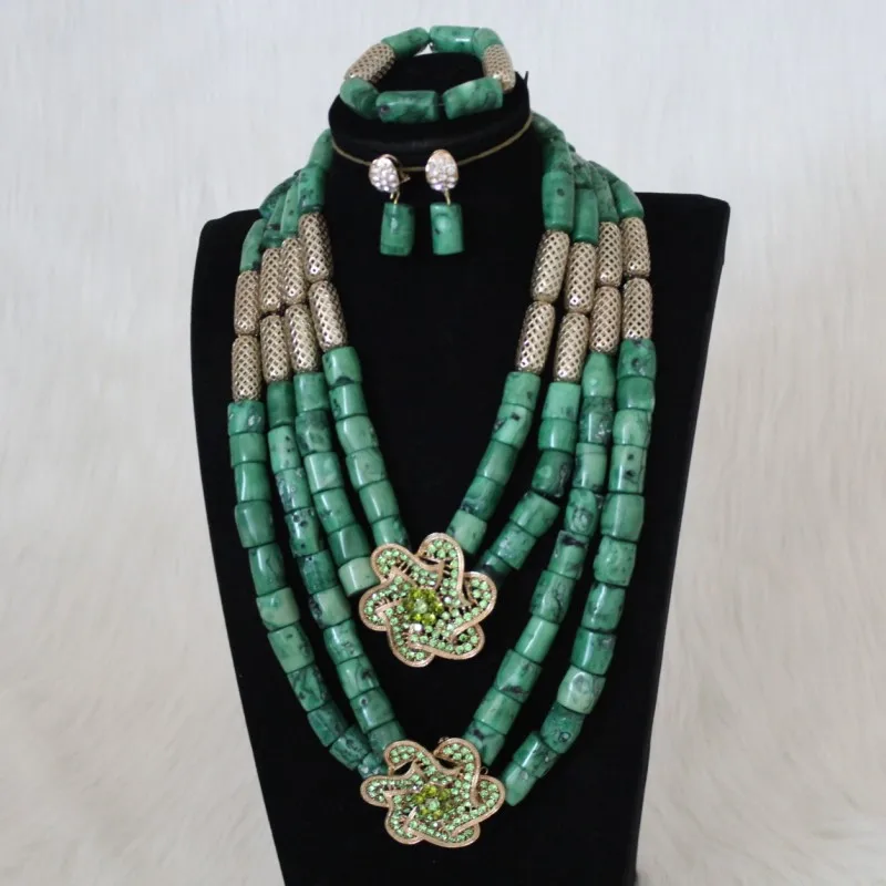 4UJewelry африканские украшения набор зеленое украшение с коралловыми бусинами набор с золотым разделителем 4 слоя нигерийский Свадебный набор ожерелье