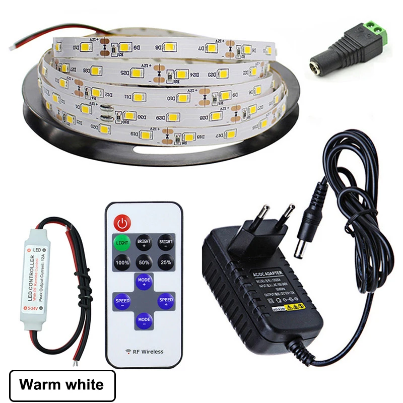 DC12V СВЕТОДИОДНАЯ лента SMD 2835, гибкий светильник, не водонепроницаемый, 60 Светодиодный s 5 M, 11 кнопок, Радиочастотный пульт дистанционного управления, 12 В, 2 А, блок питания - Испускаемый цвет: Warm white 5M set