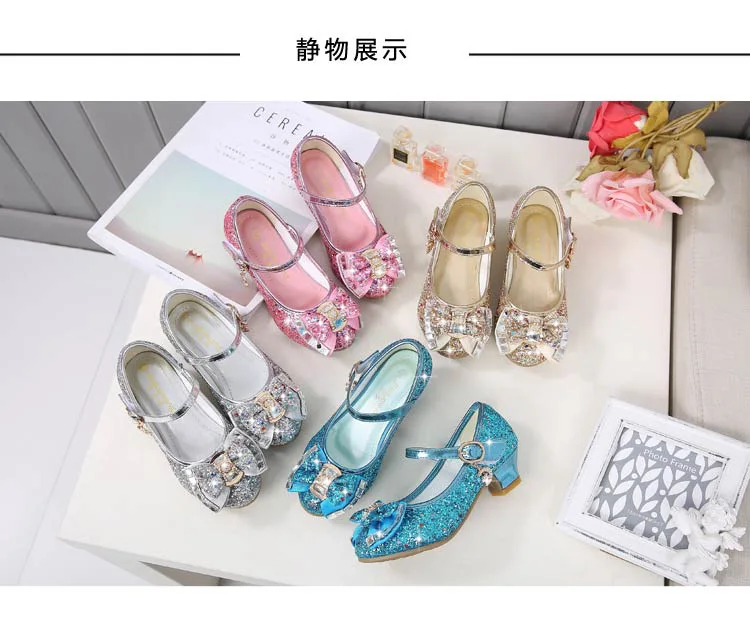 ULKNN Kids Leather Shoes for Girls Flower Casual Glitter Children High Heel 2021 Girls Shoes Butterfly Knot Blue Pink Silver children's sandals