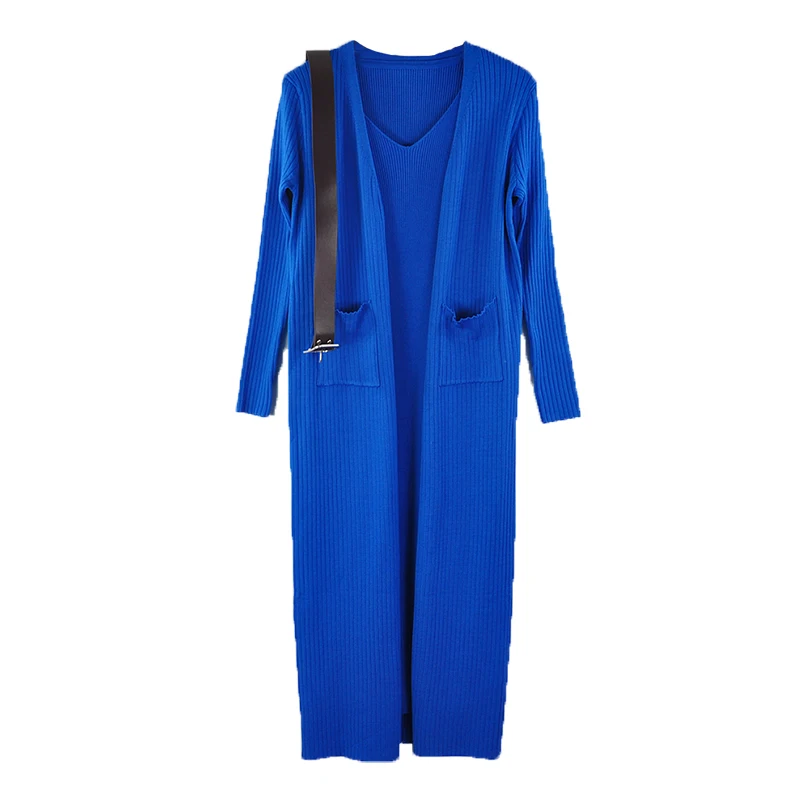 Royal Blue TAOVK осенний Женский вязаный кардиган свободный свитер пальто платье комплект из двух предметов с поясом - Color: Royal Blue