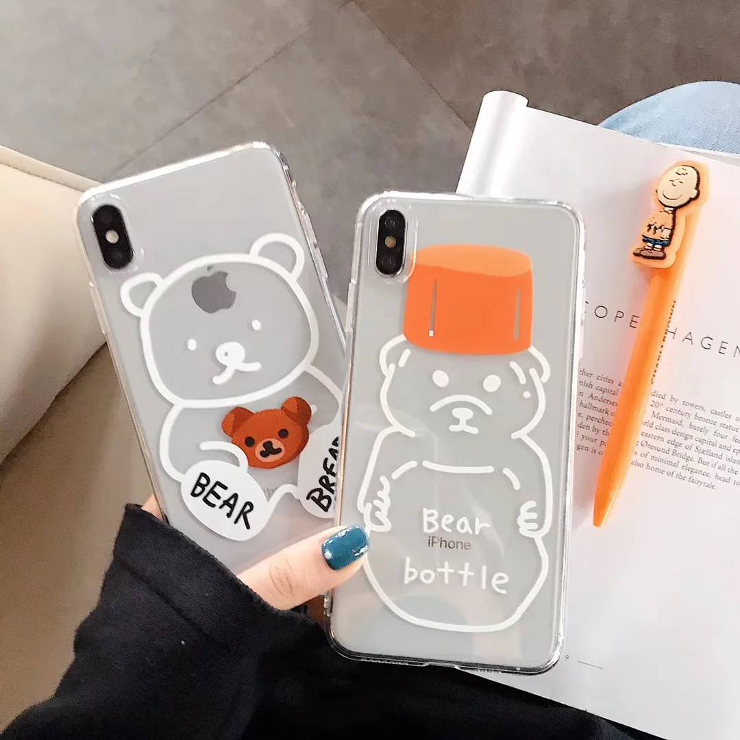 

INS Korea Super Cute Cartoon Funny Bear phone case for iPhone Xs MAX XR X 6 6s 7 8 plus Fun Pattern Clear Soft TPU Back Cover