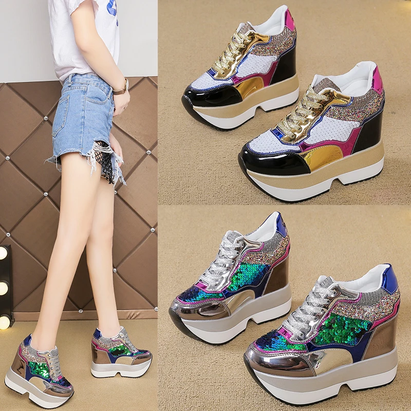 Кроссовки женские на платформе и высоком каблуке шнуровке Нескользящие