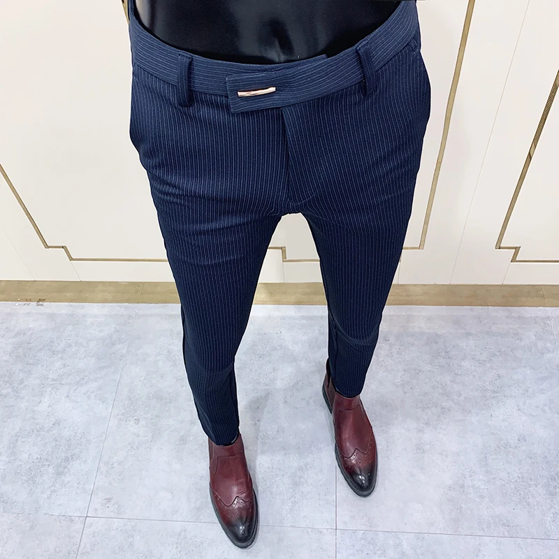 Pantalones de rayas azules para hombre, pantalón elegante, ajustado, de corte ajustado, a la altura del tobillo, para oficina, fiesta