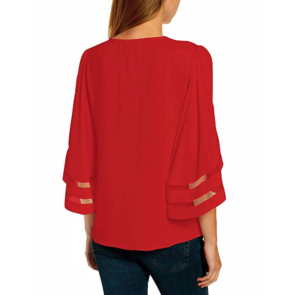 CHAMSGEND Womens Blouses Vintage Loose Christmas Long Sleeve Trumpet Blouse Ladies V-Neck Mesh Top Fashion Clothing 1023