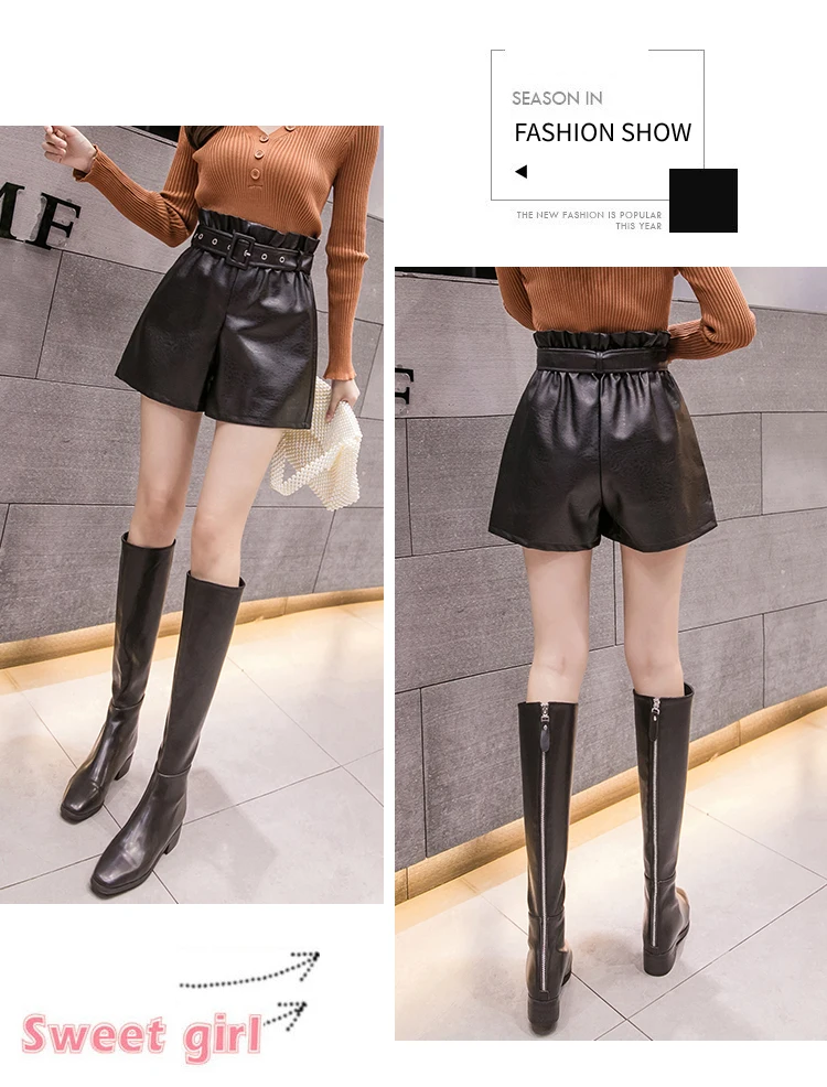 PU Leather Wide-legged Shorts With Slashes Women Empire PU Shorts Girls A-line Faux Leather Shorts Bottoms BH6191