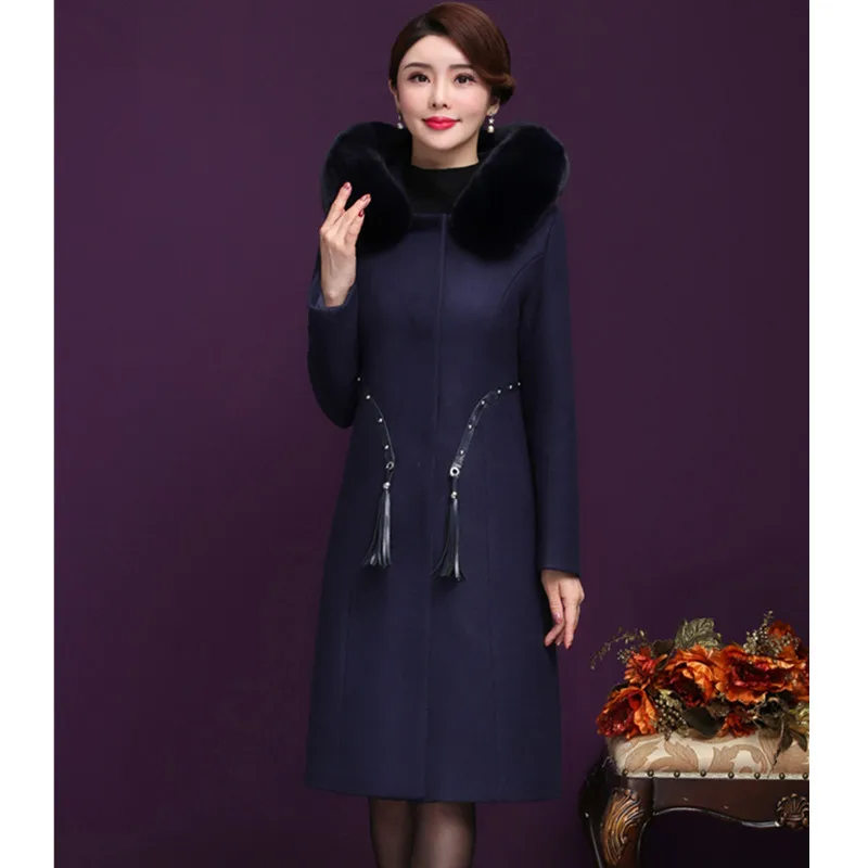 UHYTGF Quality cashmere wool coat women fashion fur collar hooded warm long jacket autumn winter woolen coat women plus size 442