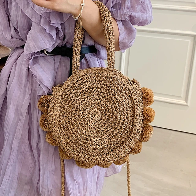 Bolso redondo de paja para mujer, bolsa mimbre circular de rafia Retro tejida a mano, bandolera de viaje Bohemia playa - AliExpress