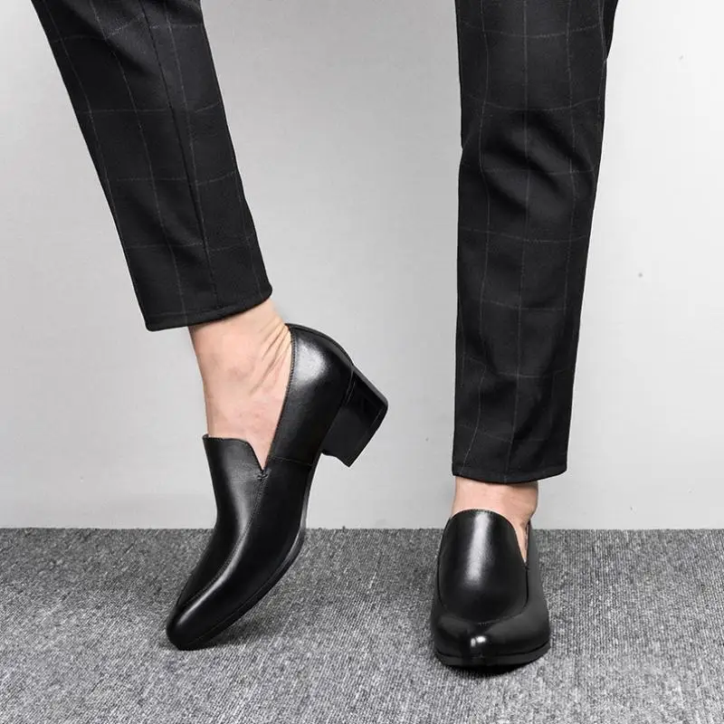 Mens High Heel Men Shoes Black White Genuine Leather Wedding Dress Shoes Pointed Toe Slip On Business Office Work Heighten