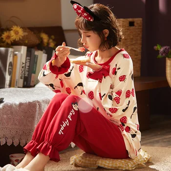 

Cartoon Floral Printed Women's Pajamas Sets Long Sleeves Long Pants Pyjamas Soft Sweet Pijama Cotton Sleepwear Casual Nighty