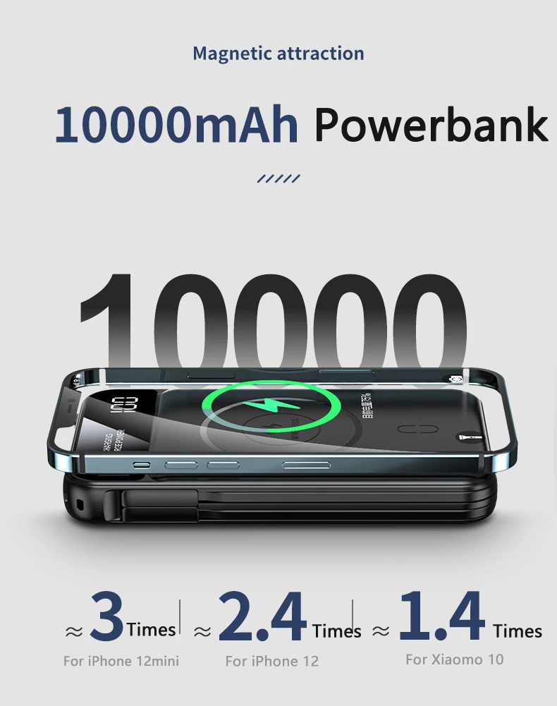 10000mAh Magnetic Wireless Power Bank Built in Cable Portable Charger Powerbank for iPhone 13 12pro Samsung S21 Xiaomi Poverbank samsung battery pack