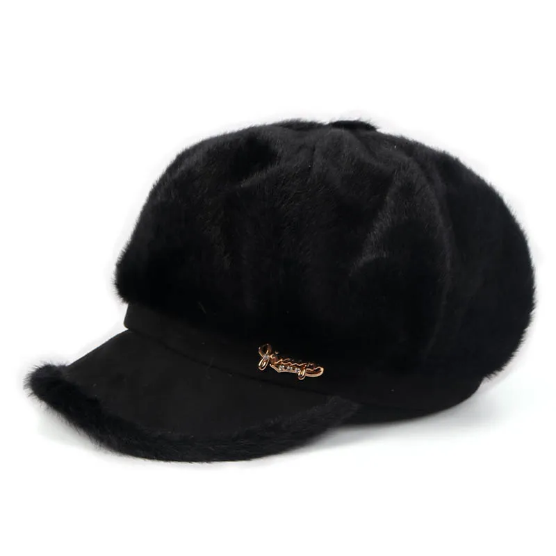 Осень, зимняя женская кепка Newsboy, casquette gavroche femme, искусственный мех кролика, плюшевая Корейская восьмиугольная бейсболка, берет для женщин