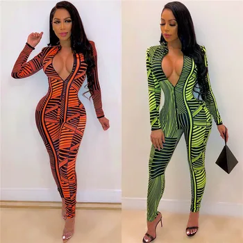 

2019 Sexy Women Deep V-neck Striped Catsuit Jumpsuit Bandage Bodysuit Turtleneck Skinny Playsuit Clubwear Long Trouser Romper