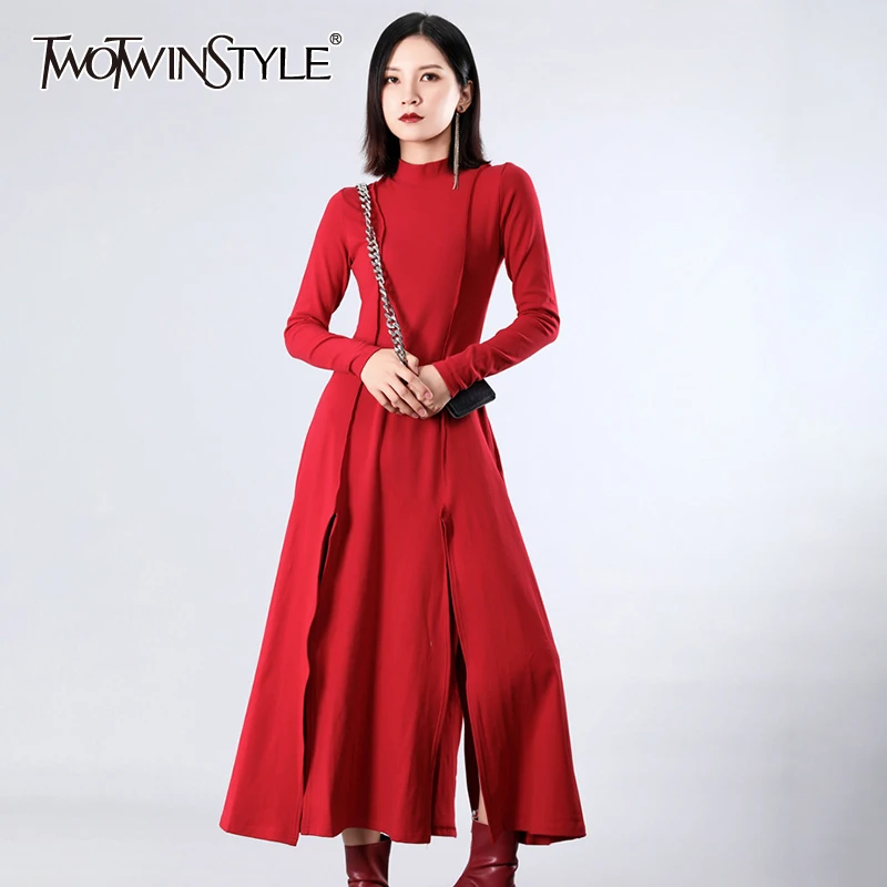 TWOTWINSTYLE летнее однотонное женское платье со стоячим воротником с длинными