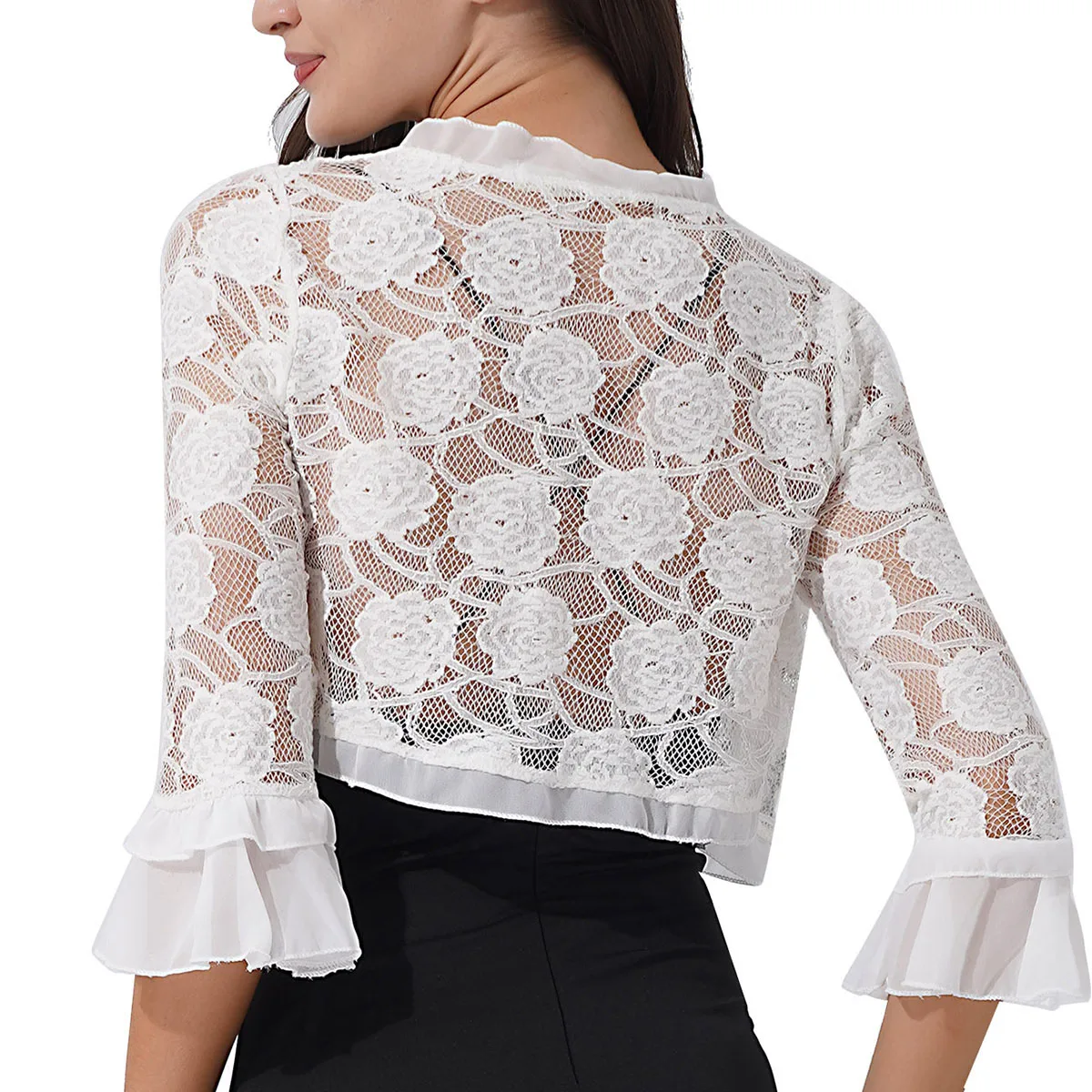Women's 3/4 Sleeve Bolero Shrugs Crochet Lace Open Cardigan