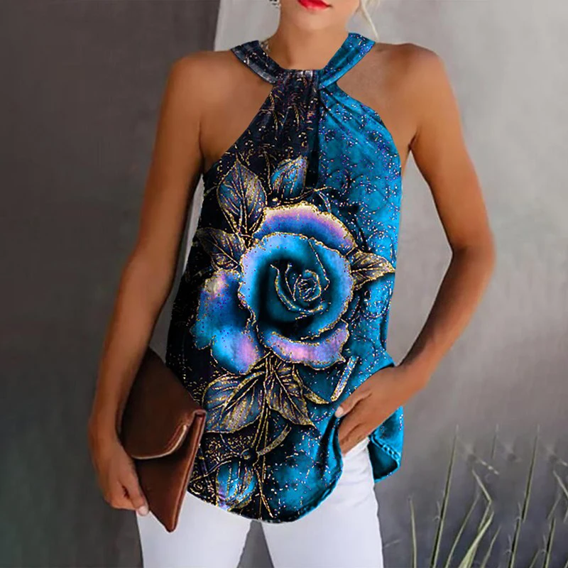 

Vintage Floral Printed Women Summer Halter Blouse Sexy Off Shoulder Sleeveless Ladies Shirts Casual Fashion Femme Tops Blusa 5XL