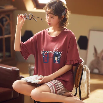 

New Style Pajamas Women's Pure Cotton Short Sleeve Summer Korean-style Students Tracksuit Cute Casual Shorts Two-Piece Set