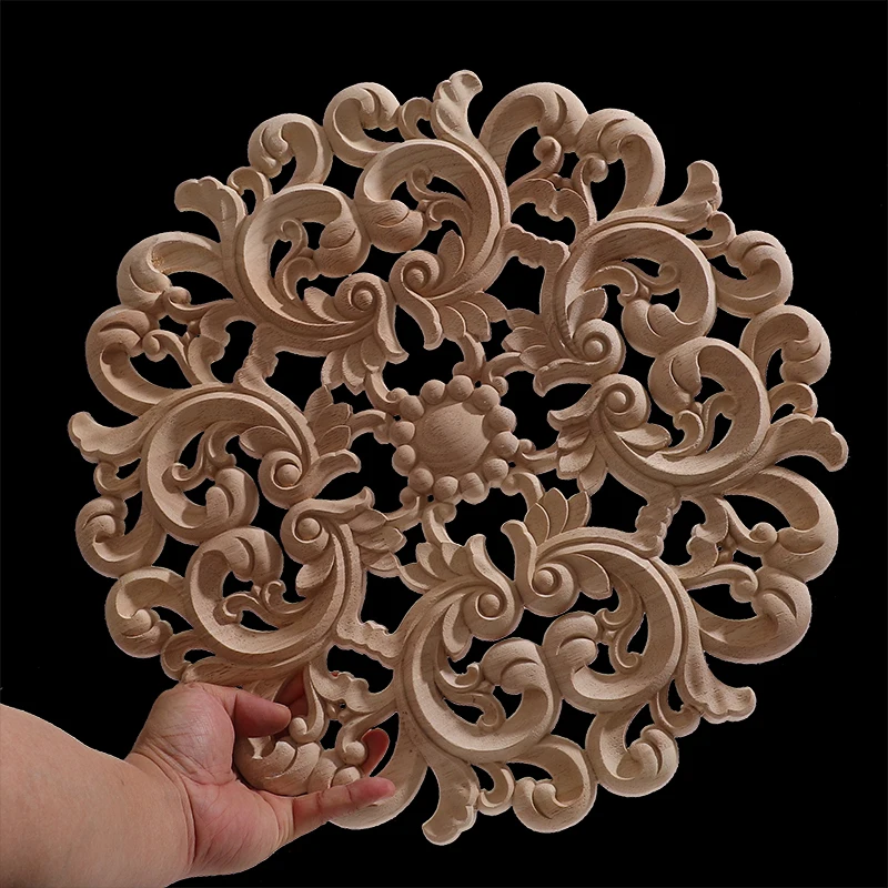 Round Flower Natural Wood Appliques Furniture Wooden Mouldings Vintage Unpainted Accessories Decoration Decal