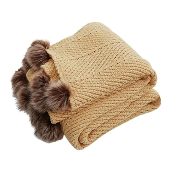 

Photo Props Solid With Pompom Car Crochet Travel Living Room Knitted Warm Super Soft Throw Blanket For Sofa Bed Couch Home Decor