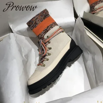 

Prowow New Women Ankle Boots Genuine Suded Leather Autumn Winter Martin Boots Runway Lace Up Socks Boots Zapatos Mujer