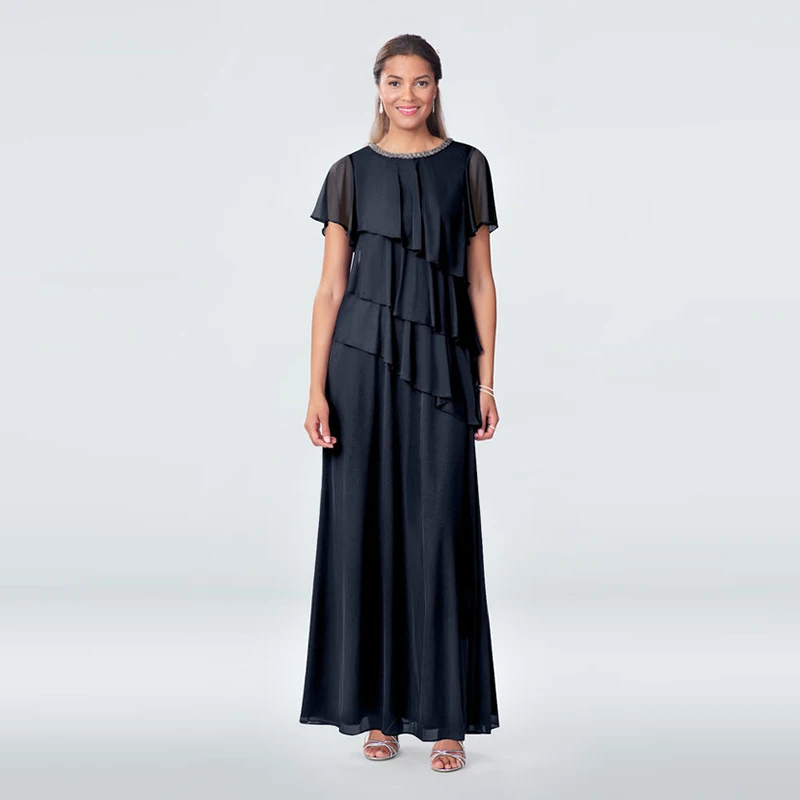 

Modern Simple Dark Navy Chiffon Beaded Jewel Neck Mother of the Bride Dresses With Short Sleeve Tiered Wedding Guest Gowns