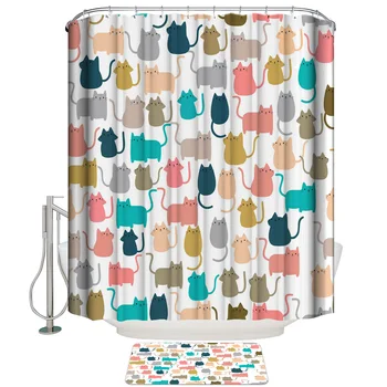 

Cat Animal Cartoon Illustration Colored Shower Curtain Set and Anti-slip Floor Mat Outdoor Rugs