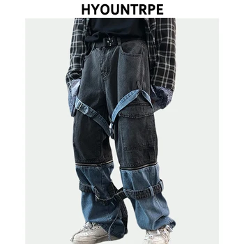 

Fashion Hip Hop Patchwork Zipper Detachable Functional Pants Bottom Belt High Street Casual Mens Straight Denim Loose Trousers