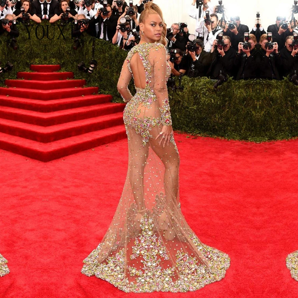 Русалка сексуальные платья знаменитостей красная ковровая дорожка Beyonce горячая прозрачная тюль бисером хрустальные стразы роскошное вечернее платье