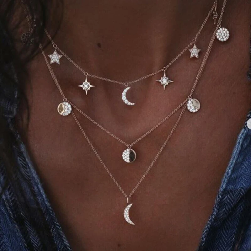 

Fashion Retro Stars Moon Necklace Women's Multilayer Necklace CZ Necklace Accessories Female Fashion Jewelry