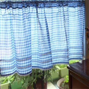 

Free Shipping Pastoral Grid Half Blue Curtain Coffee Curtain Closet Kitchen Short Curtain Small Curtain Home Window Decoration