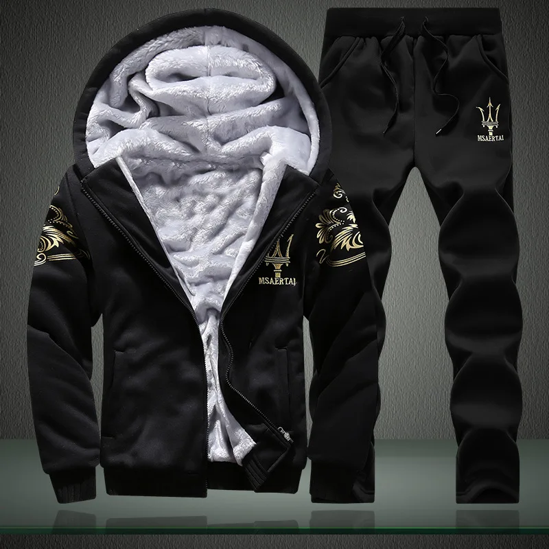 

2020 Plus Size Men Casual Warm Tracksuit Fleece Zipper Hooded Coat Drawstring Pants 2 Piece Sets Mens Clothing outfit for men