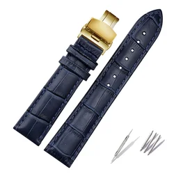 Elegant Dark Blue Genuine Leather Watch Strap with Butterfly Clasp - 21mm (Blue gold buckle)
