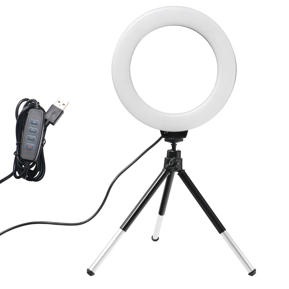 Lámpara de cámara con luz de anillo de video LED regulable de 6 \"con trípode 