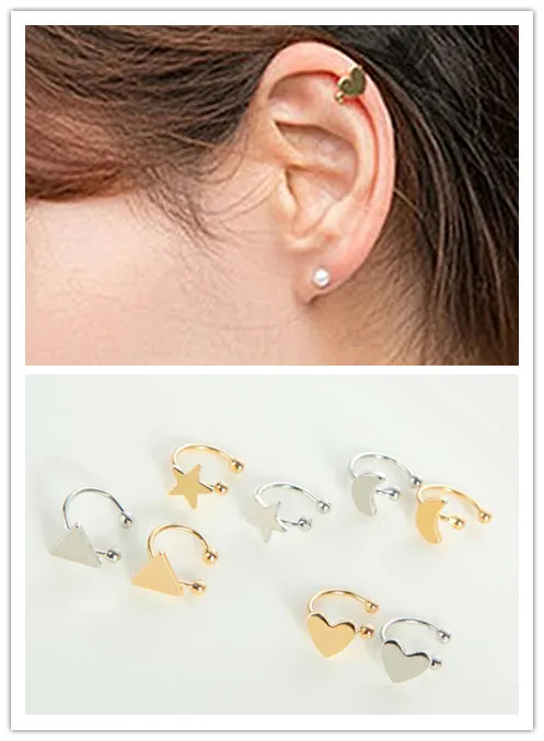 Simple Brincos Bijoux 1PC Fashion Small Gold Silver Copper Moon Clover Star Heart Triangle No Pierced Earclips Earrings Women | Украшения и