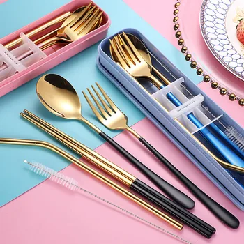

Portable Fork Spoon Straw Brush Tableware Set Stainless Steel Dinnerware With Box Travel Dinner Set For Kid School Cutlery