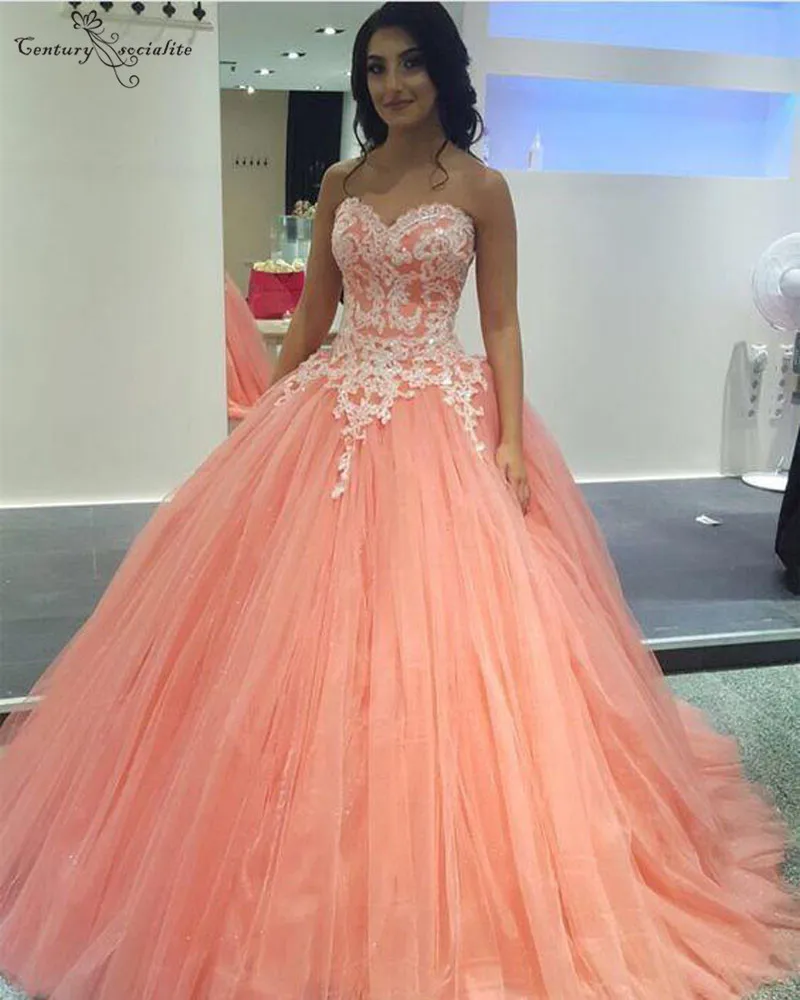 Бальное платье бальное платье без бретелек Quinceanera Коралл Тюль Свадебные платья цвета слоновой кости аппликации сладкий 16 платье День рождения платья Vestidos De Quinceanera